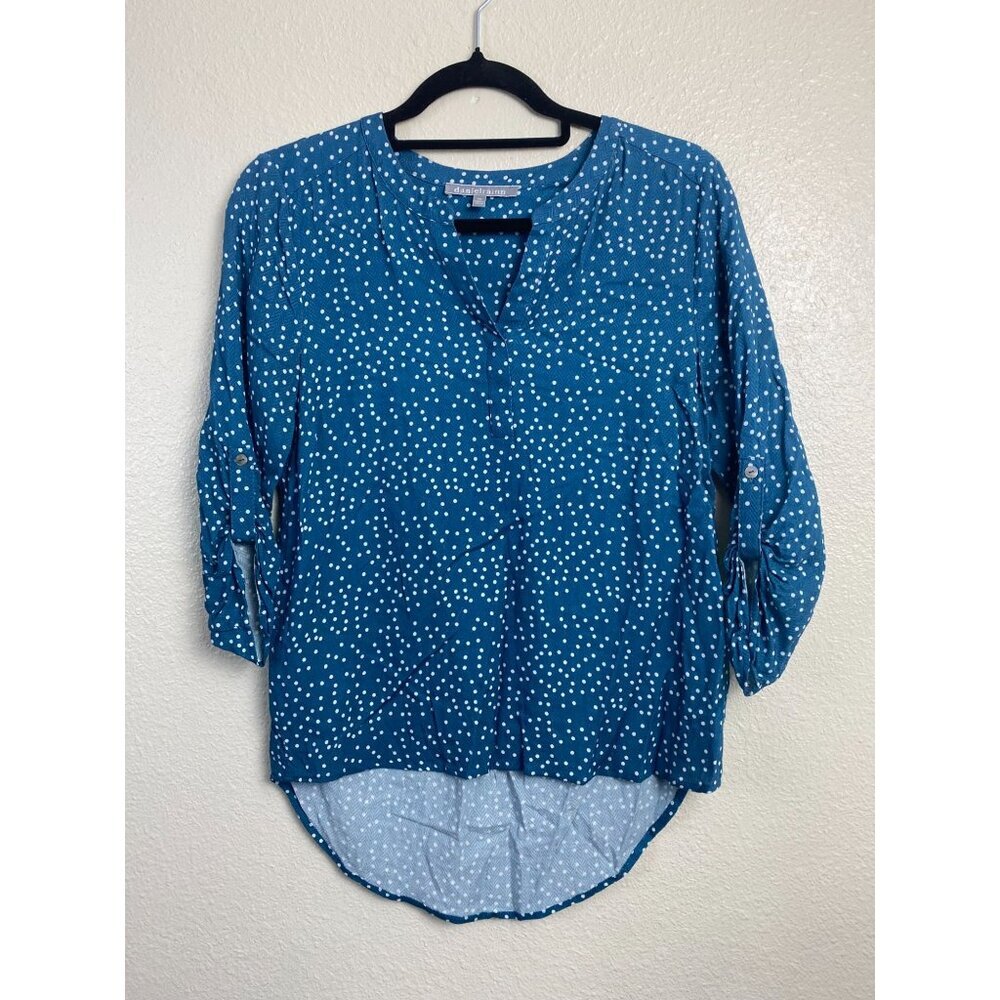 Daniel Rainn Top Womens Petite‎ Small 3/4 Sleeve Lightweight Blue Polkadot Flowy
